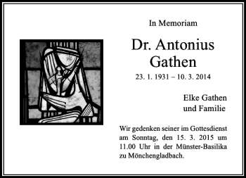 Traueranzeige von Antonius Gathen Dr. von Rheinische Post