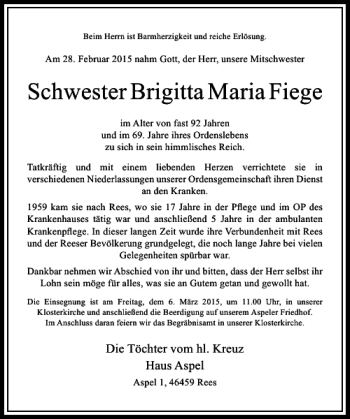 Traueranzeige von Maria Fiege Brigitta von Rheinische Post
