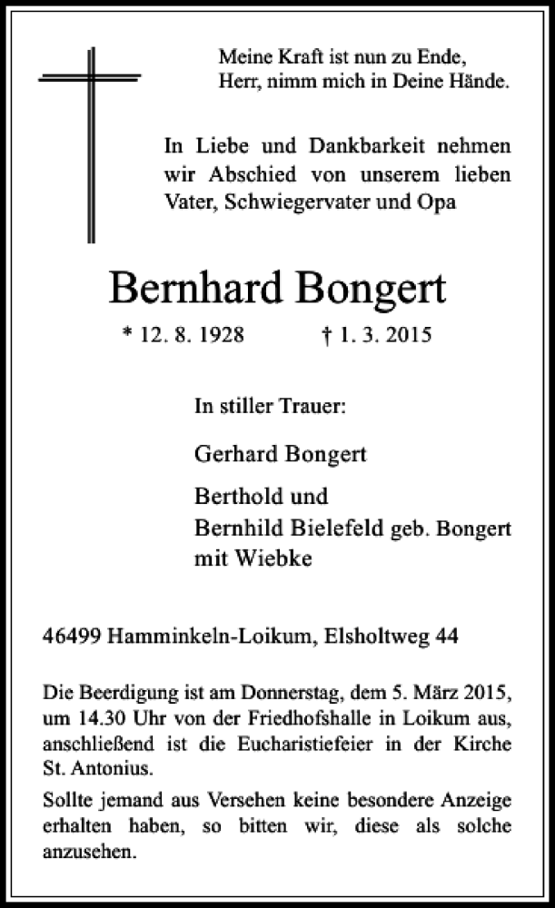  Traueranzeige für Bongert Bernhard vom 03.03.2015 aus Rheinische Post