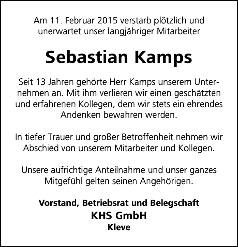  Traueranzeige für Kamps Sebastian vom 03.03.2015 aus Rheinische Post
