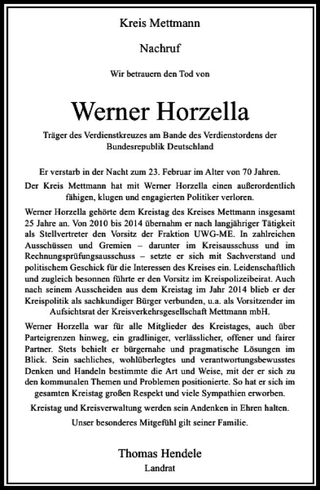  Traueranzeige für Horzella Werner vom 03.03.2015 aus Rheinische Post