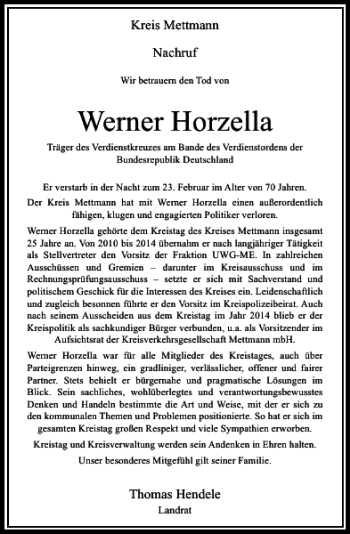 Traueranzeige von Horzella Werner von Rheinische Post