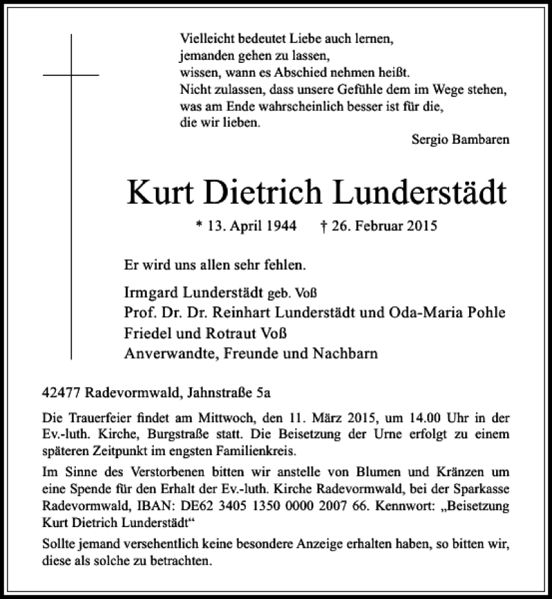  Traueranzeige für Dietrich Lunderstaädt Kurt vom 03.03.2015 aus Rheinische Post
