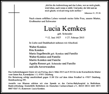 Traueranzeige von Kemkes Lucia von Rheinische Post