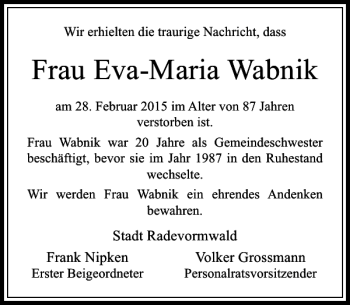 Traueranzeige von Eva-Maria Wabnik Frau von Rheinische Post