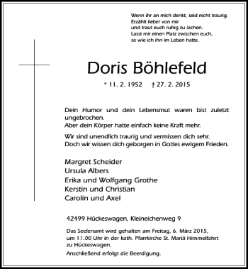 Traueranzeige von Böhlefeld Doris von Rheinische Post