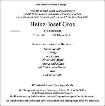 Traueranzeige von Gros Heinz-Josef von Rheinische Post
