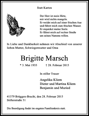 Traueranzeige von Marsch Brigitte von Rheinische Post