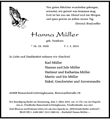 Traueranzeige von Müller Hanna von Rheinische Post