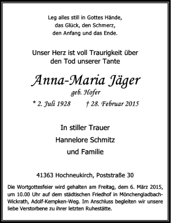 Traueranzeige von Jäger Anna-Maria von Rheinische Post