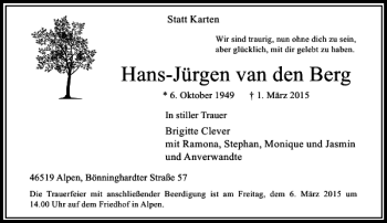 Traueranzeige von van den Berg Hans-Jürgen von Rheinische Post