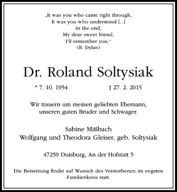 Traueranzeige von Roland Soltysiak Dr. von Rheinische Post