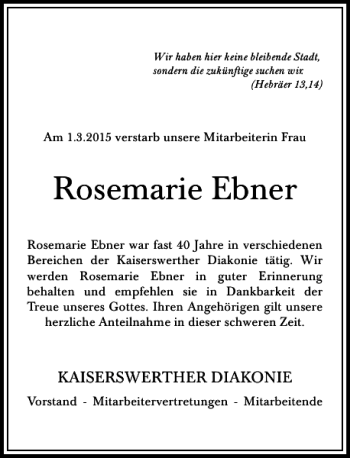 Traueranzeige von Ebner Rosemarie von Rheinische Post