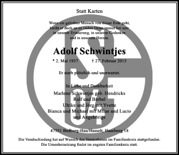 Traueranzeige von Schwintjes Adolf von Rheinische Post