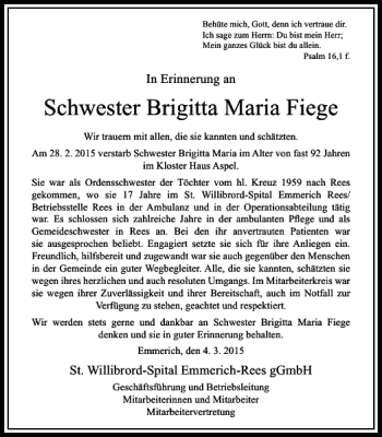 Traueranzeige von Maria Fiege Brigitta von Rheinische Post