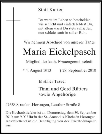 Traueranzeige von Maria Eickelpasch von Rheinische Post