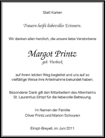 Traueranzeige von Margot Printz von Rheinische Post