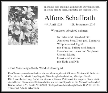 Traueranzeige von Alfons Schaffrath von Rheinische Post