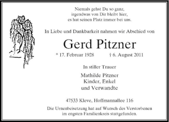 Traueranzeige von Gerd Pitzner von Rheinische Post