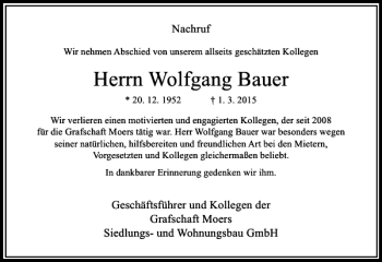 Traueranzeige von Bauer Wolfgang von Rheinische Post