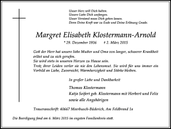 Traueranzeige von Elisabeth Klostermann-Arnold Margret von Rheinische Post