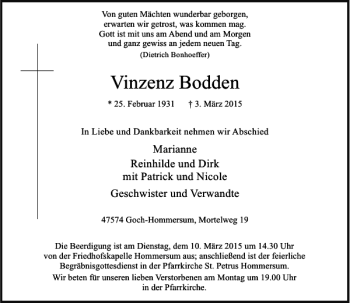 Traueranzeige von Bodden Vinzenz von Rheinische Post