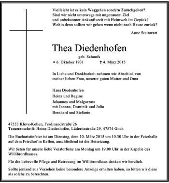 Traueranzeige von Diedenhofen Thea von Rheinische Post
