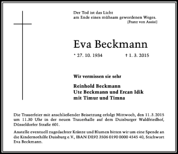 Traueranzeige von Beckmann Eva von Rheinische Post