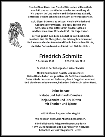 Traueranzeige von Schmitz Friedrich von Rheinische Post