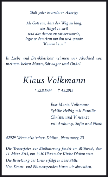 Traueranzeige von Volkmann Klaus von Rheinische Post