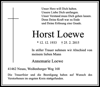 Traueranzeige von Loewe Horst von Rheinische Post