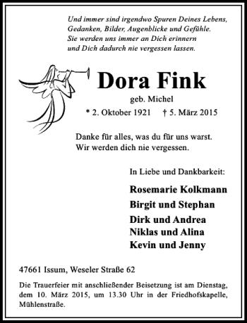 Traueranzeige von Fink Dora von Rheinische Post