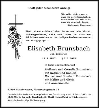 Traueranzeige von Brunsbach Elisabeth von Rheinische Post