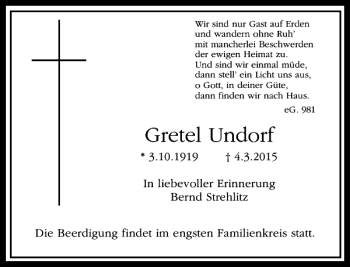 Traueranzeige von Undorf Gretel von Rheinische Post