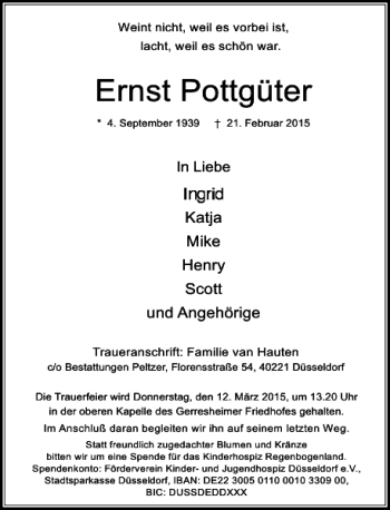 Traueranzeige von Pottgüter Ernst von Rheinische Post