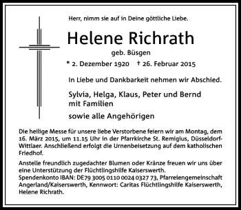 Traueranzeige von Richrath Helene von Rheinische Post