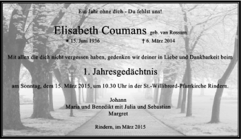 Traueranzeige von Coumans Elisabeth von Rheinische Post