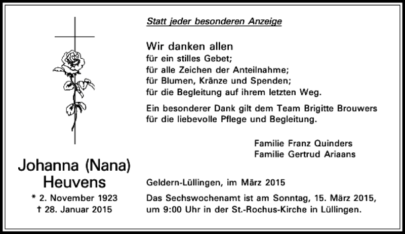  Traueranzeige für Nana Heuvens Johanna vom 07.03.2015 aus Rheinische Post