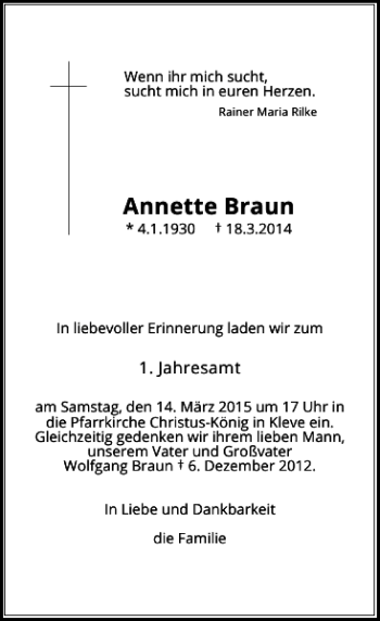 Traueranzeige von Braun Annette von Rheinische Post