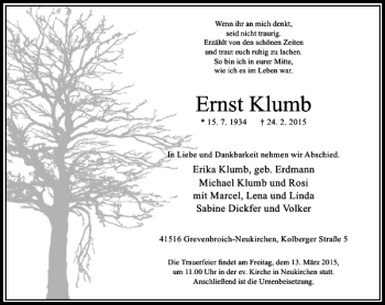 Traueranzeige von Klumb Ernst von Rheinische Post