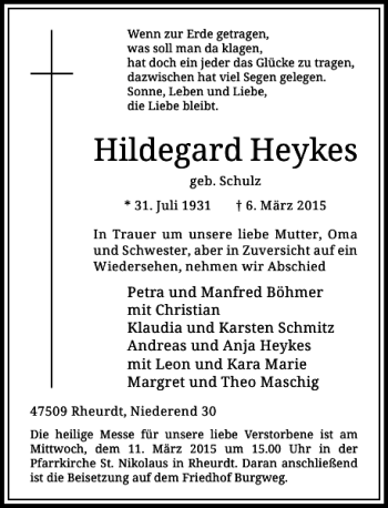 Traueranzeige von Heykes Hildegard von Rheinische Post