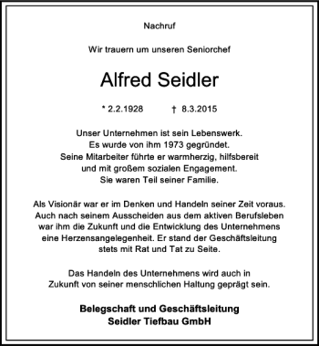 Traueranzeige von Seidler Alfred von Rheinische Post
