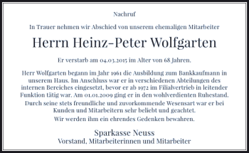 Traueranzeige von Wolfgarten Heinz-Peter von Rheinische Post