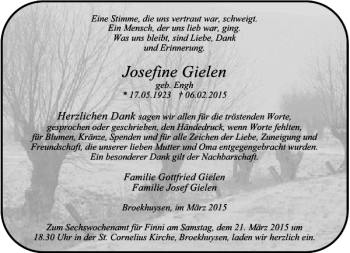 Traueranzeige von Gielen geb. Engh Josefine von Rheinische Post