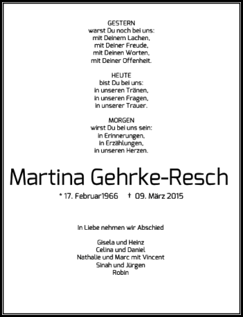 Traueranzeige von Gehrke-Resch Martina von Rheinische Post