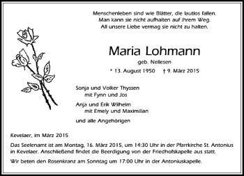 Traueranzeige von Lohmann Maria von Rheinische Post