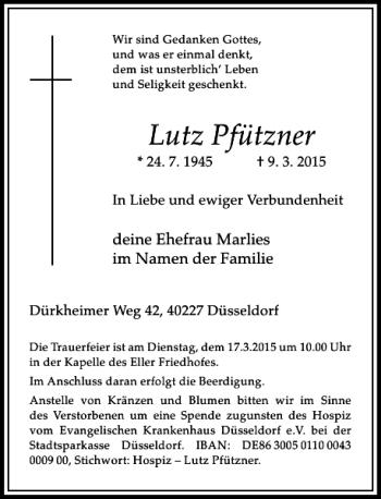 Traueranzeige von Pfützner Lutz von Rheinische Post