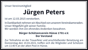 Traueranzeige von Peters Jürgen von Rheinische Post