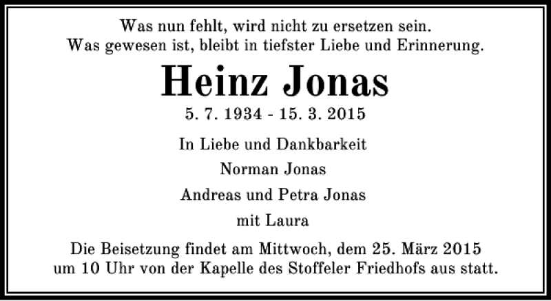  Traueranzeige für Jonas Heinz vom 21.03.2015 aus Rheinische Post