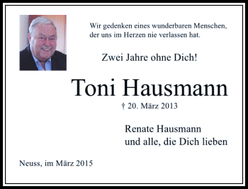 Traueranzeige von Hausmann Toni von Rheinische Post